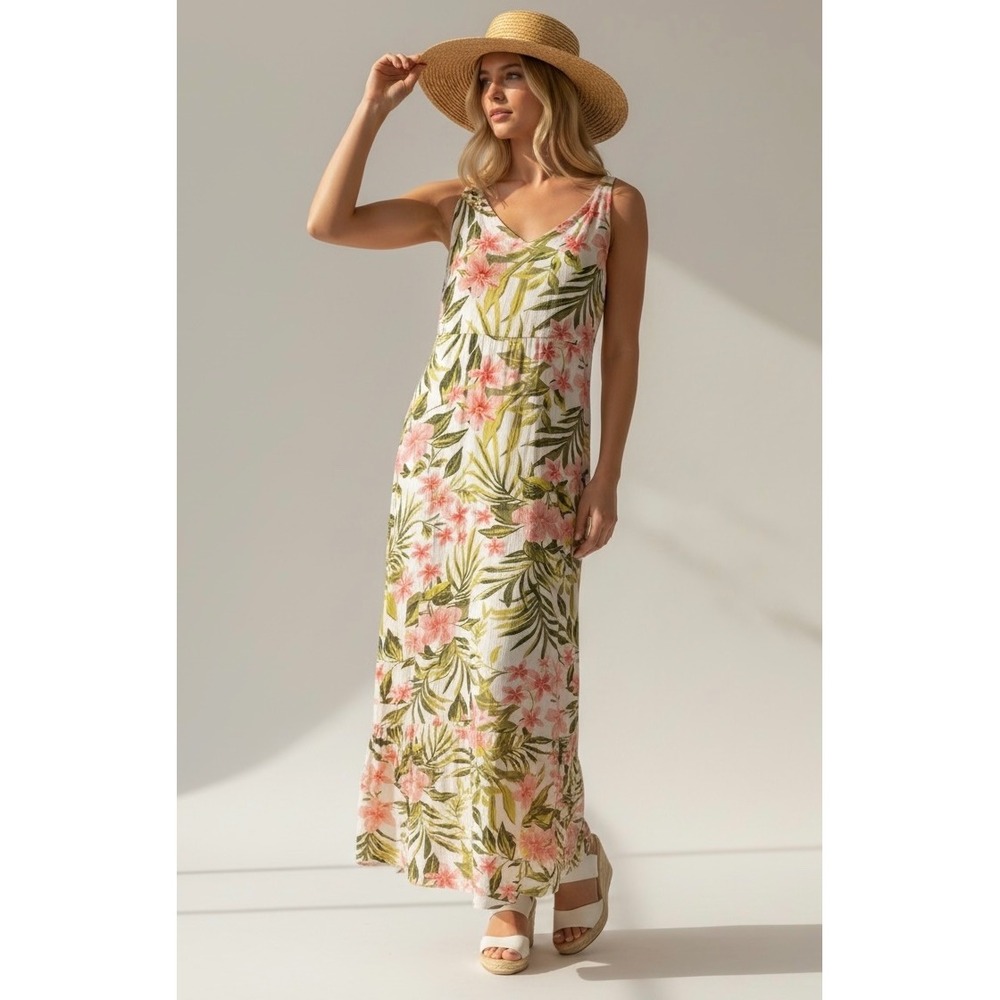 Hurley Tropical Floral Maxi Dress Size Medium White Pink Green Palm Beach Summer
